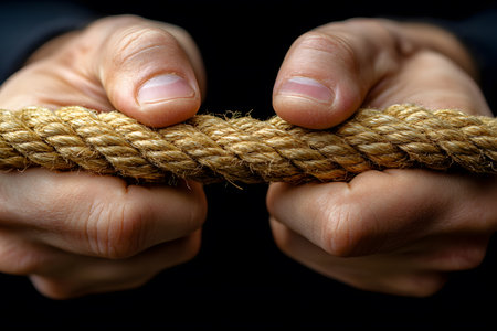 Hands firmly grip a sturdy rope, symbolizing resilience, strength, and determination. the close-up focus highlights the texture of the rope and the intense grasp, evoking themes of perseverance and tenacity. Generative AIの素材