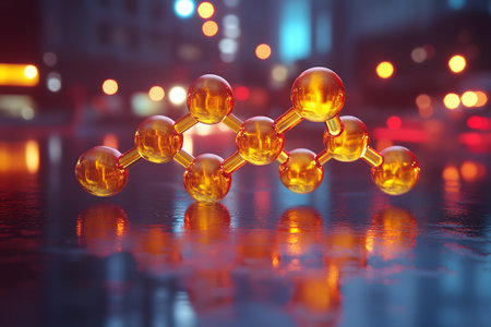 A molecular structure composed of golden spheres and connecting rods rests on a reflective surface. the background features out-of-focus urban lights, creating a scientific yet modern aesthetic ideal for educational or design purposes. Generative AIの素材