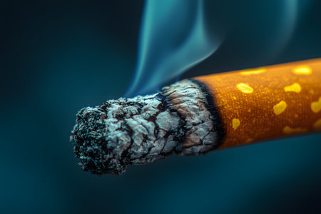 Intense focus on the burning tip of a cigarette with glowing ash and rising smoke against a dark, blurred background. highlights the textures and contrasting colors for dramatic visual impact. Generative AIの素材