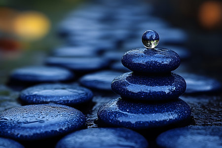 Peaceful arrangement of smooth blue stones stacked purposefully in an outdoor setting, topped by a reflective droplet. ideal for themes of harmony, meditation, and wellness, tranquility in natural environments. Generative AIの素材