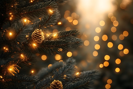 Pine branches adorned with delicate golden lights and pine cones, creating a warm and festive holiday ambiance. bokeh light effects in the background enhance the christmas theme, perfect for seasonal designs or invitations. Generative AIの素材