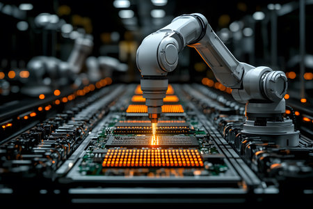 Robotic arm delicately assembling components on a circuit board in a modern electronics manufacturing facility, showcasing the precision and efficiency of industrial automation technology. Generative AIの素材