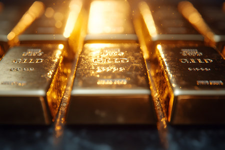 Shiny gold bars, engraved with gold, are captured in close-up, reflecting a warm, glowing light. the sparkling effect highlights the richness and value, symbolizing wealth, investment, and stability in financial sectors. Generative AIの素材