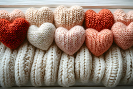 Knitted heart decorations in various shades of red, pink, and white arranged on a knitted wool background. ideal for celebrating valentine's day or adding warmth to winter home decor, showcasing craftsmanship and cozy aesthetics. Generative AIの素材