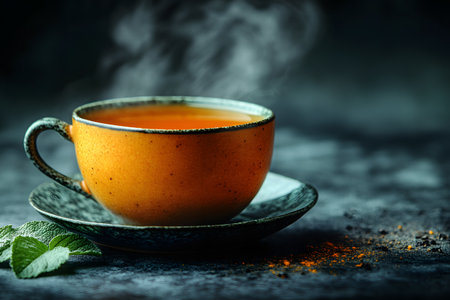 A steaming cup of herbal tea rests on a saucer, emitting warmth on a dark, textured background. mint leaves nearby add a touch of freshness, enhancing the cozy, inviting atmosphere ideal for relaxation. Generative AIの素材