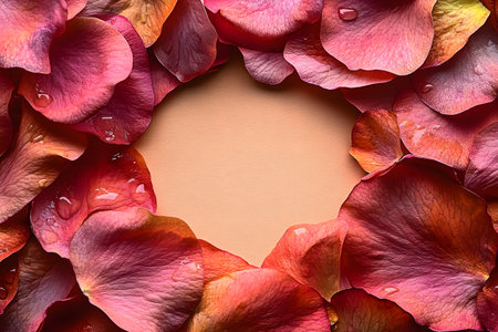 Vibrant pink rose petals with delicate water droplets form an elegant border around a blank central space. ideal for romantic or nature-themed designs, this floral composition offers a striking and serene visual appeal. Generative AIの素材
