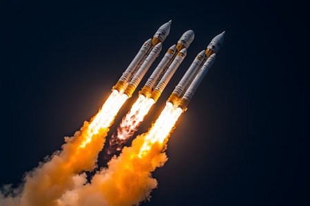 Four rockets launch simultaneously, creating a dramatic scene against a dark night sky. their fiery trails of smoke and flame highlight the strength and technological prowess of modern space exploration. Generative AIの素材
