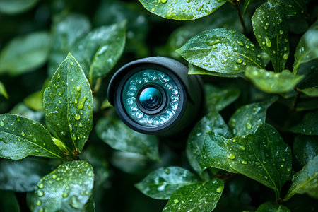 A security camera blends seamlessly into lush green foliage, emphasizing hidden surveillance and natural integration. water droplets on the leaves suggest recent rain, enhancing the theme of discreet monitoring in natural environments. Generative AIの素材