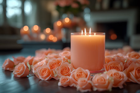 Scented candle and scattered soft peach roses create a romantic ambiance in a cozy setting. warm candlelight casts a gentle glow, evoking serenity and elegance, perfect for intimate events or relaxing home decoration. Generative AIの素材