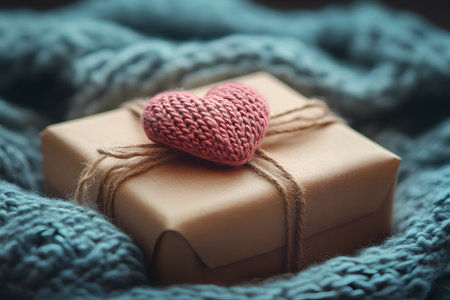 A beautifully wrapped gift box adorned with a rustic twine bow, topped with a soft knitted red heart. set against a textured blue knitted background, perfect for romantic occasions or valentine's day themes. Generative AIの素材