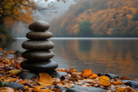 Tranquil scene of a stone cairn on a riverbank surrounded by colorful autumn leaves, embodying harmony and balance. perfect for meditation, mindfulness, and nature themes. Generative AIの素材