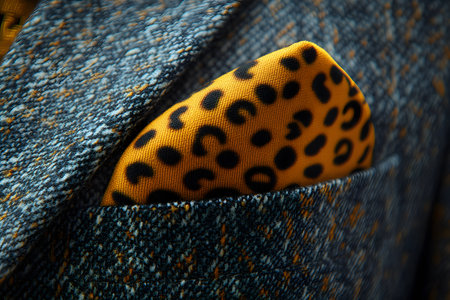 A vibrant leopard print pocket square adds a bold touch to a textured blue jacket. ideal for emphasizing individuality and style in formal attire, perfect for fashion editorial use or design inspiration. Generative AIの素材