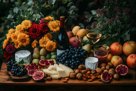 Vibrant autumn-themed still life featuring an array of seasonal fruits, cheese, and nuts alongside red and white wine. surrounded by colorful flowers, this rustic garden setting evokes a sense of abundance and celebration. Generative AIの素材