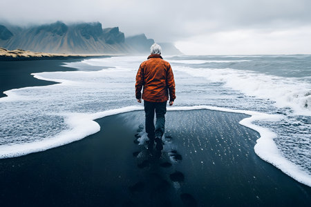 A lone figure walks along a striking black sand beach, bordered by rugged cliffs and grey, turbulent seas. the overcast skies add drama and depth, capturing the raw beauty and solitude of nature in this atmospheric landscape. Generative AIの素材