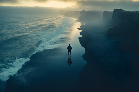 A solitary figure stands on a misty beach at dusk, observing the rhythmic waves under a moody sky. the calm setting blends elements of solitude and introspection, enhanced by the dark, reflective tide touching the rugged coastline. Generative AIの素材