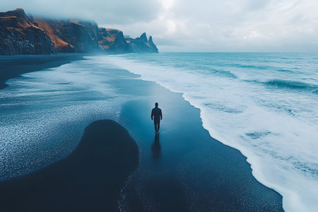 A solitary figure walks along a tranquil black sand beach, bordered by misty cliffs and the gentle rolls of ocean waves. the distant horizon blends with a cloudy sky, creating a serene and contemplative atmosphere. Generative AIの素材