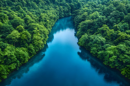 A serene river winds through a lush, dense forest, reflecting the vibrant green foliage. this aerial view harmony of nature, the tranquil beauty of pristine wilderness and calm waters. Generative AIの素材
