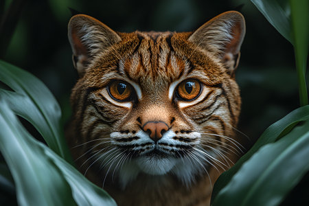 A stunning close-up of a wild cat amidst dense jungle foliage, showcasing its mesmerizing amber eyes and intricate fur patterns. the rich green leaves frame the feline, its beauty and the allure of its natural habitat. Generative AIの素材