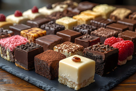 An elegant assortment of gourmet chocolate brownies and desserts arranged on a slate tray. featuring a range of textures and flavors, including raspberry-topped delicacies, perfect for upscale events or culinary promotions. Generative AIの素材
