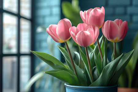 Pink tulips are artfully arranged in a blue pot, situated by a sunlit window. the vibrant blooms and lush green leaves create a contrast against the soft, ambient lighting, lending a serene and fresh aesthetic to indoor spaces. Generative AIの素材