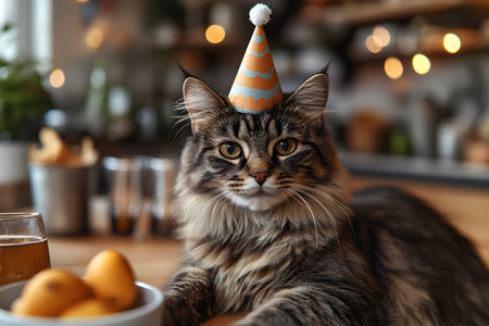 A charming scene of a maine coon cat donning a festive party hat while lying on a wooden table. the background features a softly lit kitchen with defocused lights and bowls, adding warmth to the celebratory atmosphere. Generative AIの素材