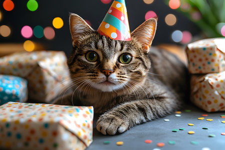 A playful cat wearing a festive party hat sits surrounded by wrapped gifts. the background is filled with vibrant bokeh lights, creating a celebratory atmosphere perfect for birthday-themed visuals. Generative AIの素材