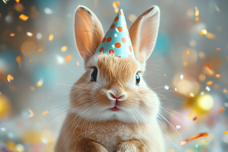 Fluffy bunny wearing a polka-dotted party hat amidst vibrant, colorful confetti. perfect for birthday greeting cards, festive invitations, or playful holiday decorations. captures a whimsical and joyful celebration atmosphere. Generative AIの素材