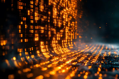 A visually striking representation of a digital matrix featuring glowing binary code in warm hues, set against a dark, blurred background. perfect for concepts related to cybersecurity, technology innovations, and data analysis. Generative AIの素材
