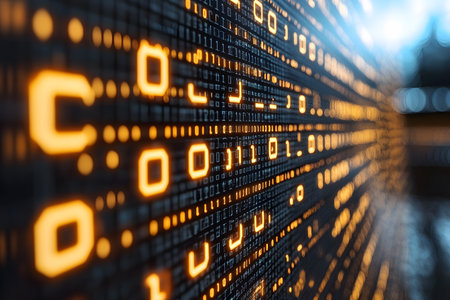 A close-up view of an abstract digital code wall featuring glowing orange binary numbers. the image essence of modern technology, data processing, and software development, evoking a sense of futuristic innovation. Generative AIの素材
