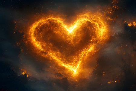 A glowing heart shape formed by intense volcanic flames against a dark background, symbolizing passion, love, and romance. the bright, fiery colors contrast with the surrounding darkness, creating a dramatic and captivating visual. Generative AIの素材