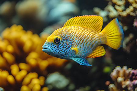 A vibrant tropical fish featuring bright yellow and blue hues glides gracefully through a colorful coral reef. the intricate patterns on its scales harmonize with the rich diversity of marine life surrounding it. Generative AIの素材