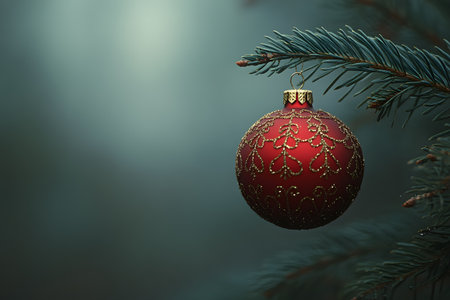 Red christmas ornament with intricate gold patterns hanging from a pine tree branch against a soft-focus background. ideal for holiday-themed designs, greeting cards, and seasonal decor inspiration. Generative AIの素材