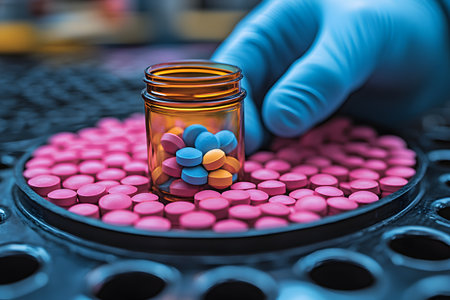 Close-up of a pharmaceutical production line featuring a gloved hand arranging vibrant blue, yellow, and pink pills. an amber glass jar sits on a tray filled with pink tablets, drug manufacturing processes. Generative AIの素材