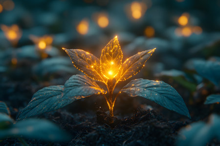 A glowing seedling stands out in a mystical forest, surrounded by softly illuminated foliage. the luminescent plant creates a magical atmosphere, perfect for fantasy themes, nature-inspired storytelling, or artistic backdrops. Generative AIの素材