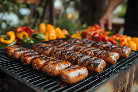 Juicy, browned sausages sizzle on an outdoor grill, surrounded by vibrant red, yellow, and green bell peppers. the smoky char marks and lush background evoke a lively summer barbecue atmosphere. Generative AIの素材