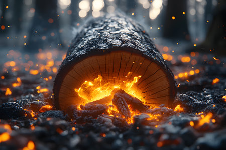 Glowing log with flickering embers amidst a forest creates a warm atmosphere, perfect for campfire-themed designs. the vibrant orange and red hues evoke the essence of autumn and outdoor adventures. Generative AIの素材