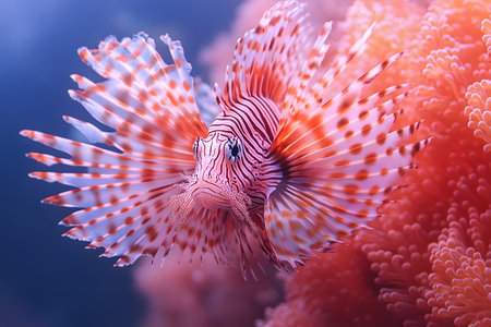 A colorful lionfish displays its striking striped and spiky fins as it swims among vibrant coral in a tropical reef. the intricate patterns and vivid hues highlight the beauty and diversity of marine ecosystems. Generative AIの素材