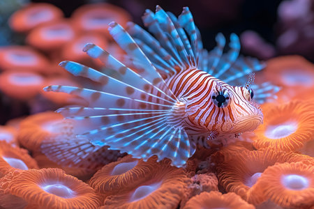A striking lionfish gracefully maneuvers among vivid orange coral polyps, showcasing its distinctive striped pattern and flowing pectoral fins. the scene highlights the intricate details and vibrant colors of marine biodiversity beneath the ocean. Generative AIの素材