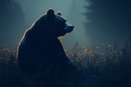 A solitary bear sits gracefully on a meadow, bathed in the soft glow of twilight. surrounded by wildflowers and silhouetted by distant trees, the scene evokes peace and the beauty of nature's untouched landscapes. Generative AIの素材