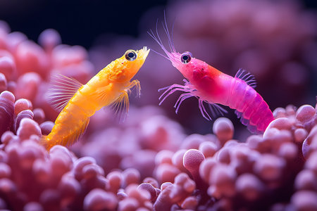 Vibrant marine scene showcasing a colorful fish and shrimp interacting amidst soft coral formations. the brilliant hues highlight biodiversity and harmony within underwater ecosystems, ideal for ocean-themed prints and designs. Generative AIの素材