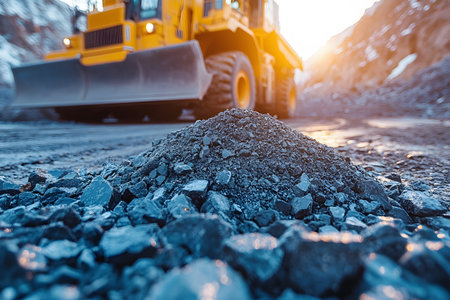 Bulldozer operating at a construction site during sunset, with a focus on a pile of gravel in the foreground. the vibrant yellow machinery contrasts with the rugged, raw landscape, illustrating industrial progress and earth-moving activities. Generative AIの素材