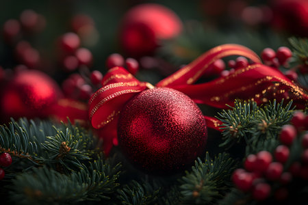 Vibrant red christmas bauble nestled among evergreen branches, accented with a gold-trimmed red ribbon and red berries. ideal for festive holiday themes, card designs, seasonal decoration ideas, and winter celebration concepts. Generative AIの素材