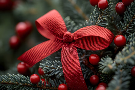 Celebrating the festive spirit with a vibrant red bow nestled among lush green pine branches and bright red berries. perfect for holiday decor themes, capturing warmth and seasonal cheer. Generative AIの素材