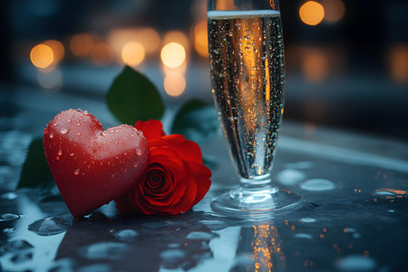 A romantic setting featuring a dewy red heart, a vibrant red rose, and a glass of champagne. warm bokeh lights create an intimate atmosphere, perfect for valentine's day or romantic occasions, emphasizing love and celebration. Generative AIの素材