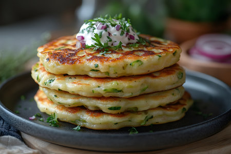 A mouthwatering stack of zucchini pancakes topped with sour cream, garnished with fresh herbs and chopped red onions. perfect for breakfast or brunch, the pancakes are golden brown and served on a stylish dark plate against a blurred background. Generative AIの素材