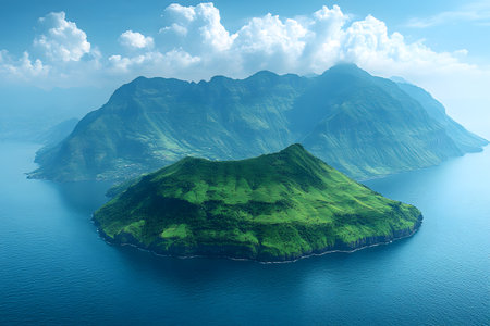 Lush green island surrounded by a tranquil blue ocean with a backdrop of majestic mountains under a partly cloudy sky. the scene exudes serenity and natural beauty, perfect for travel and nature themes. Generative AIの素材