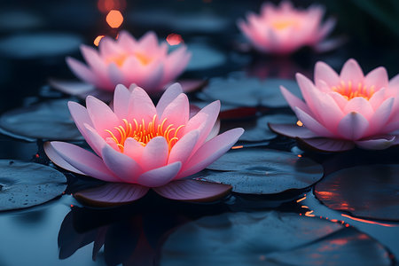 Four luminous pink water lilies float gracefully on a dark, serene pond. the soft glow of dusk enhances the tranquil atmosphere, creating a harmonious blend of nature's beauty and peacefulness, perfect for contemplative moments. Generative AIの素材