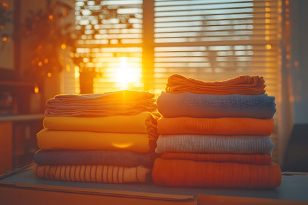 Sunlight warmly illuminates neatly folded clothes stacked in vibrant shades of orange and yellow, creating a cozy and inviting atmosphere. the soft sunlight streaming through blinds enhances the peaceful morning setting, perfect for home decor inspiration. Generative AIの素材
