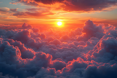 The sky is painted with warm hues as the sun sets, casting a radiant glow over a sea of fluffy, pink-tinted clouds. the breathtaking scene serene beauty and dramatic contrast of a sunset above the clouds. Generative AIの素材