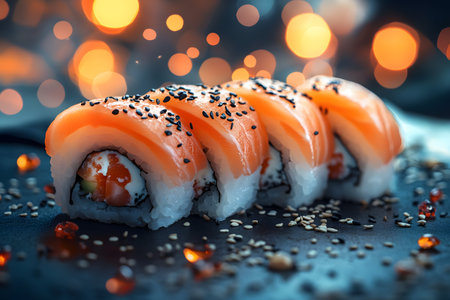 Luxurious sushi roll topped with fresh salmon slices and delicate caviar, sprinkled with black and white sesame seeds, set against a vibrant bokeh backdrop, ideal for culinary showcases or menus. Generative AIの素材